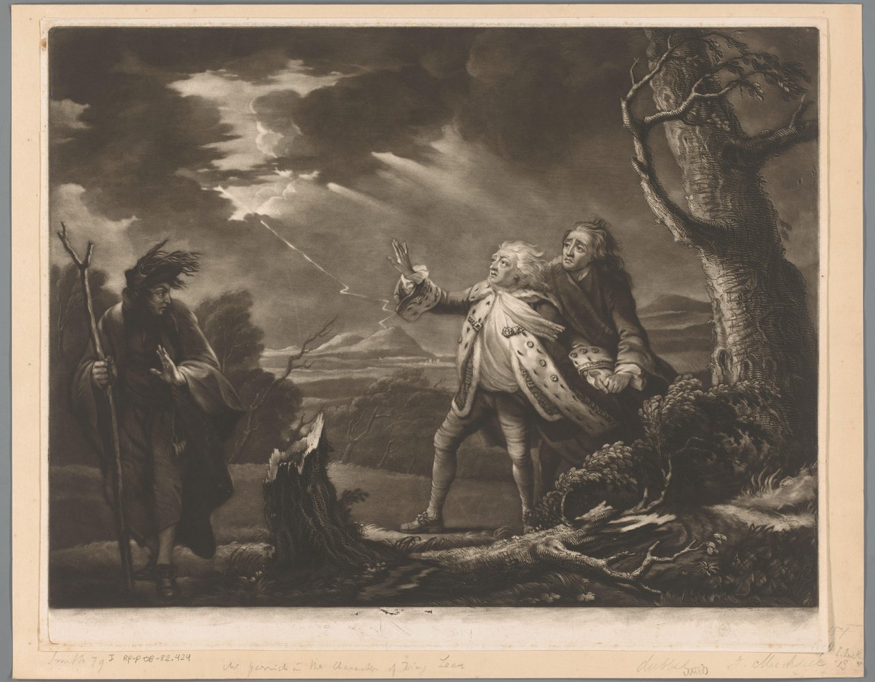 David Garrick, Kent Kontu ile Kral Lear rolünde ve fırtınalı bir manzarada Tom kılığında Edgar by James McArdell
