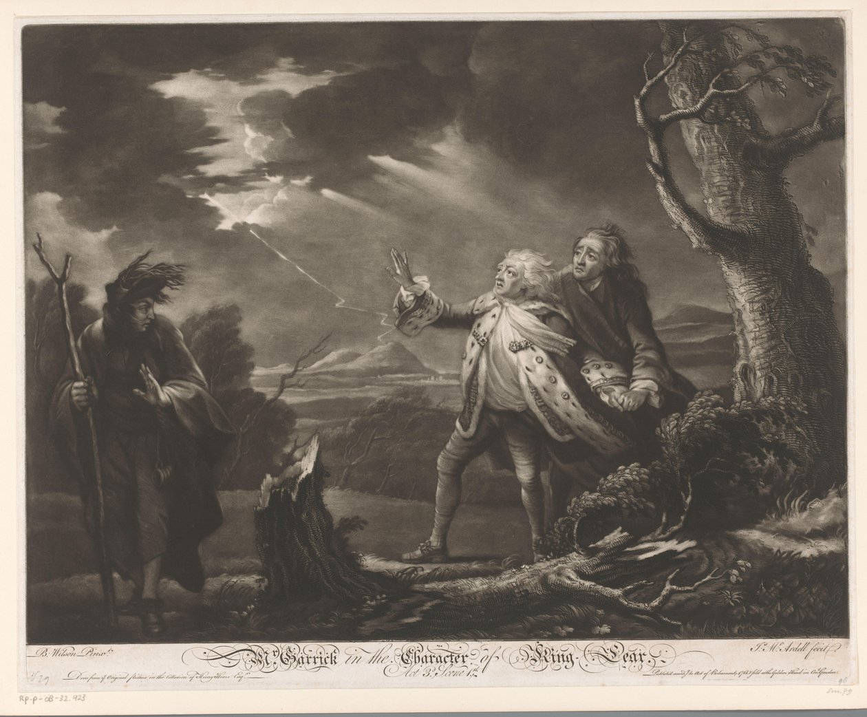 David Garrick, Kent Kontu ile Kral Lear rolünde ve fırtınalı bir manzarada Tom kılığında Edgar Bay. Kral Lear Karakterindeki Garrick (nesnedeki başlık) by James McArdell