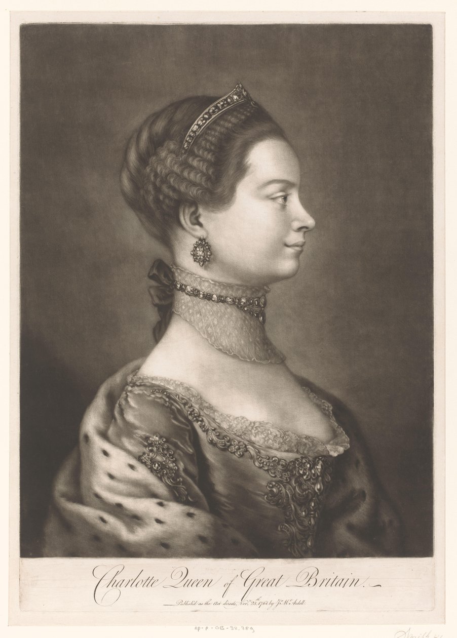 Portret van Charlotte van Mecklenburg Charlotte Büyük Britanya Kraliçesi (nesnedeki başlık) by James McArdell