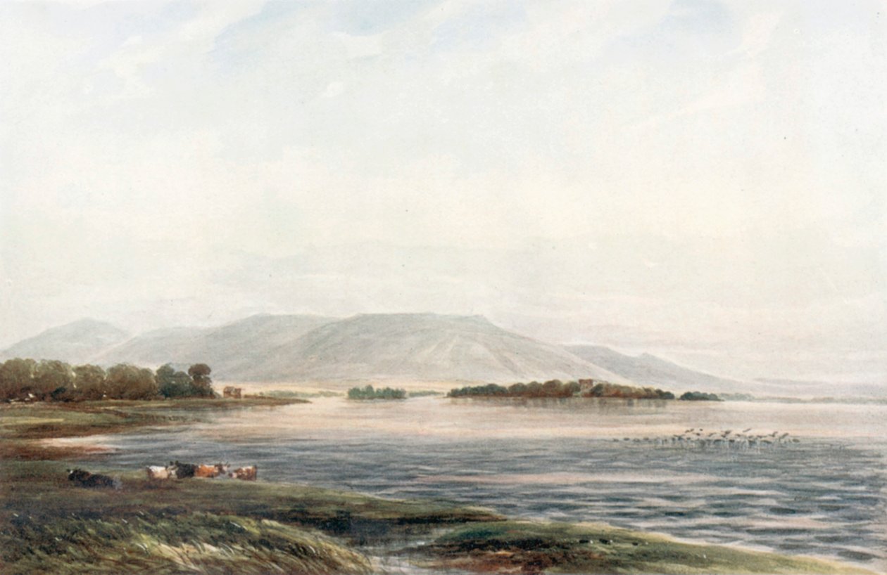"Lochleven Kalesi" (renkli taş baskı) by James Orrock