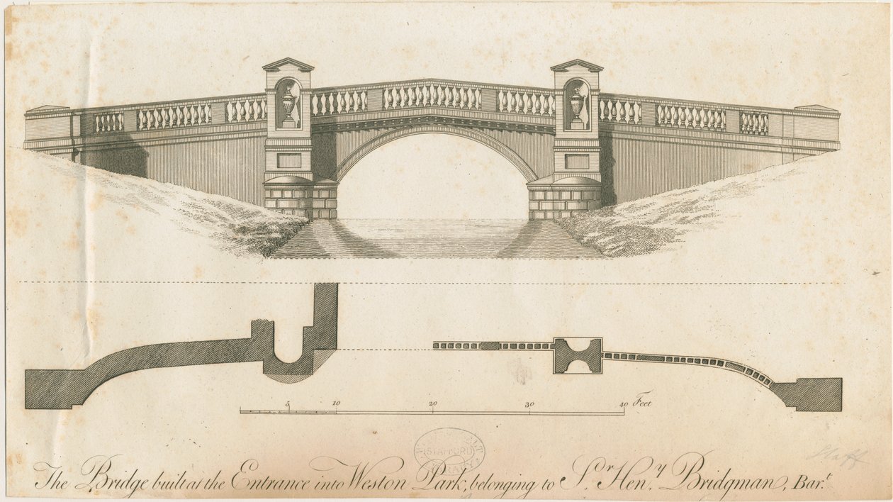Weston-under-Lizard - Weston Park Girişindeki Köprü: gravür, nd [c 1765-1770] by James Paine