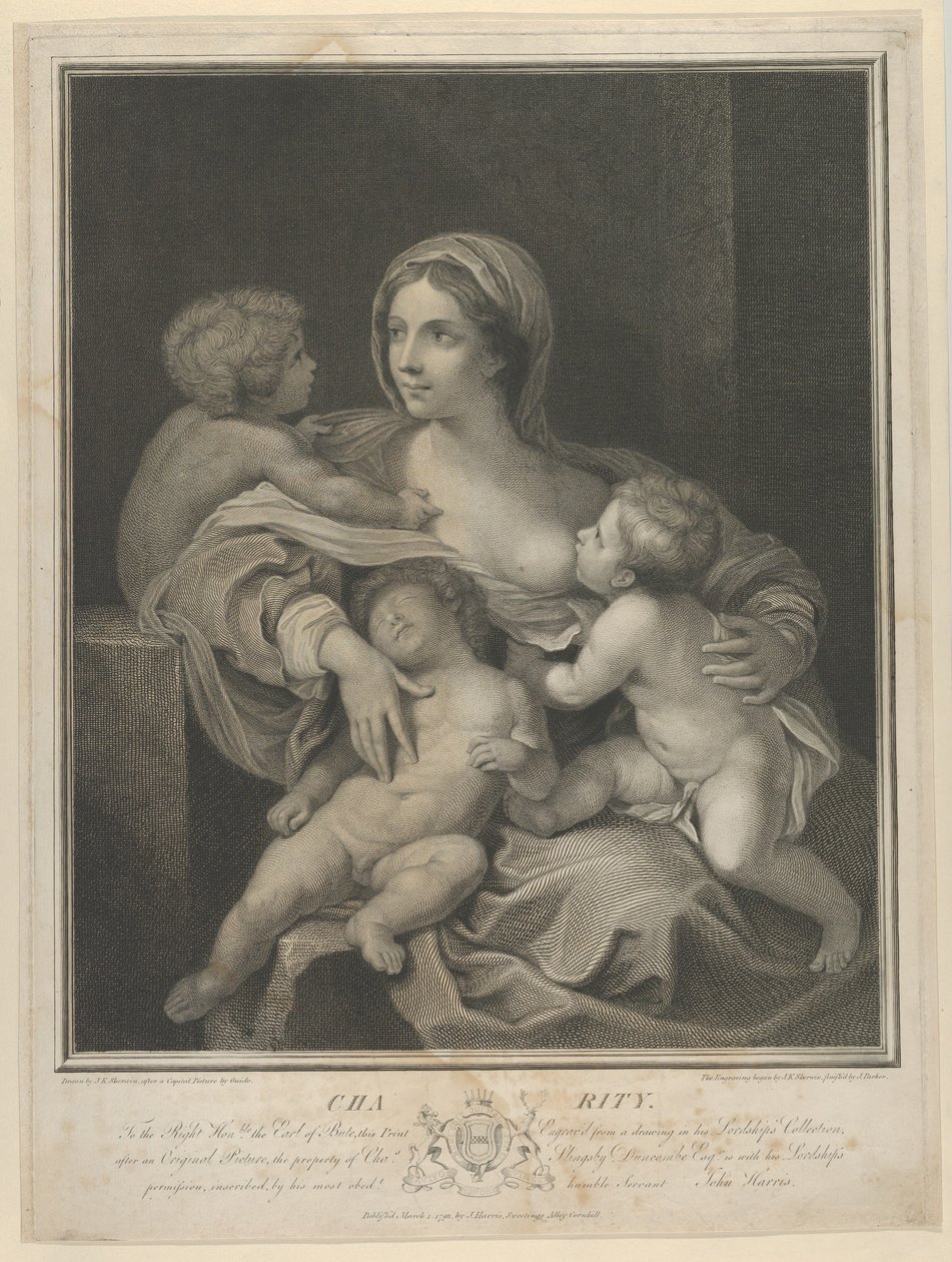 Charity oturmuş bir bebeği emziriyor, bir diğeri kucağında uyuyor ve üçüncüsü onunla konuşuyor, ..., 1793. by James Parker