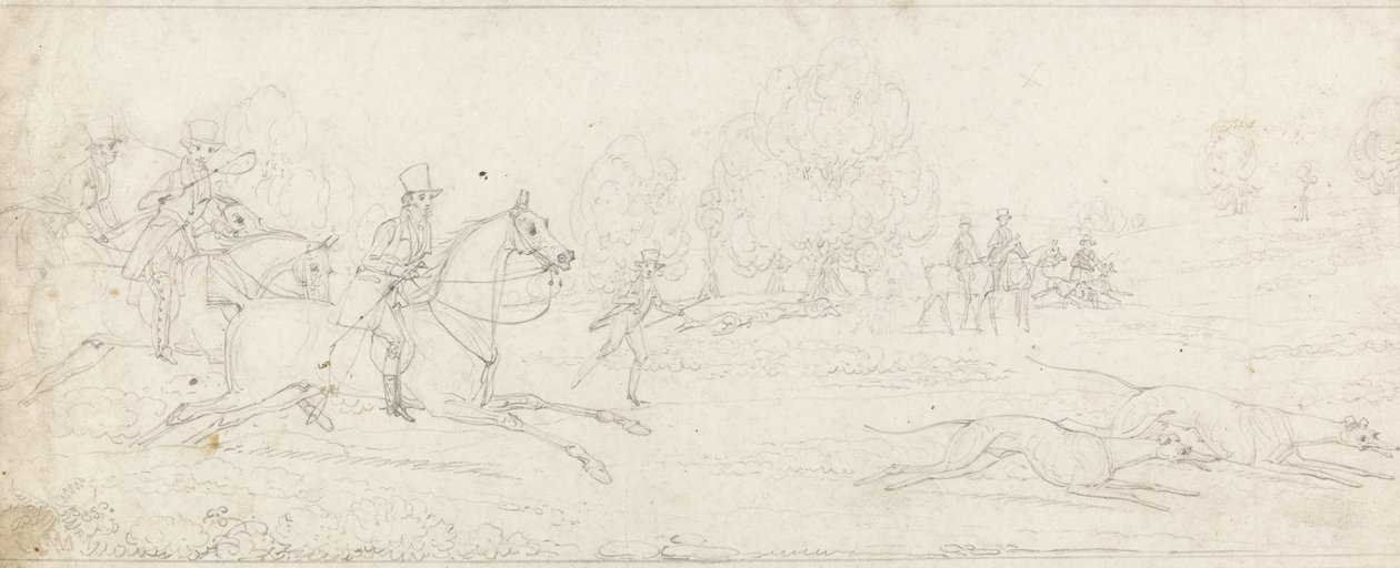 Seyir halinde, birkaç tazıdan sonra soldan dörtnala giden bir grup binici (kağıt üzerinde grafit) by James Pollard