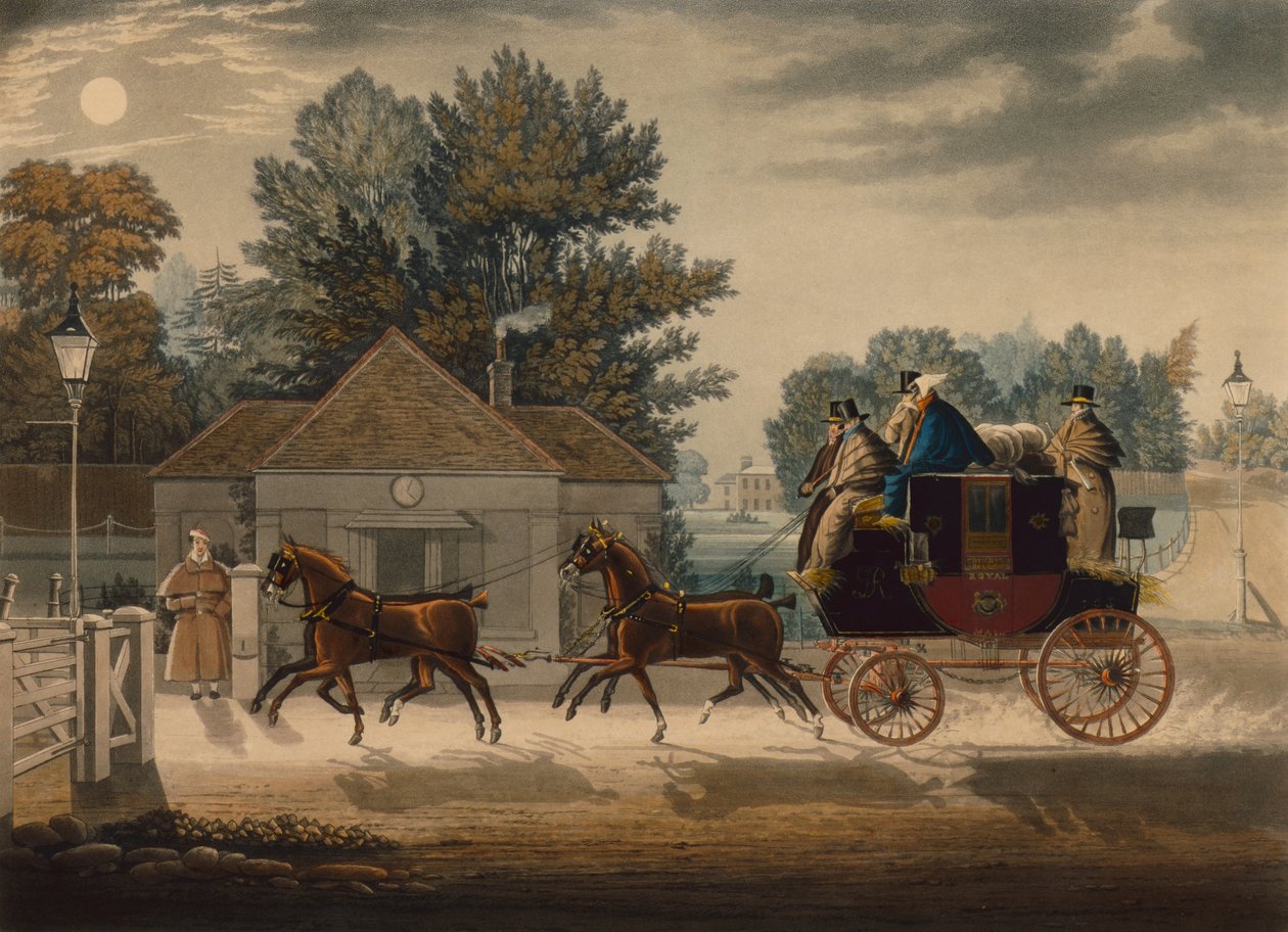 Mail Coach by Moonlight (renkli gravür) by James Pollard