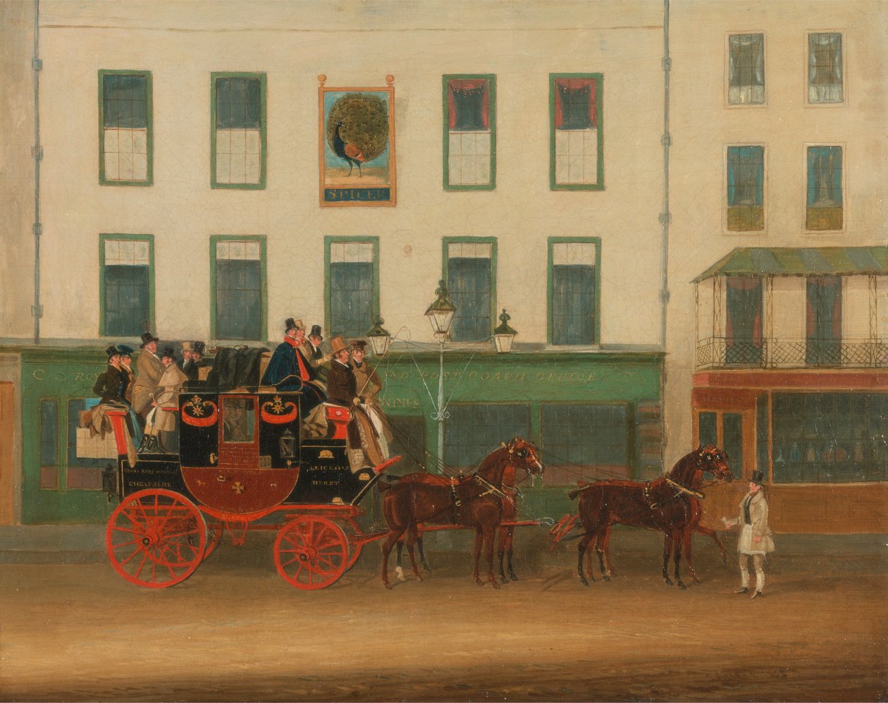 London-Manchester Stage Coach, Peacock Inn, Islington'ın dışındaki "Peveril of the Peak" by James Pollard