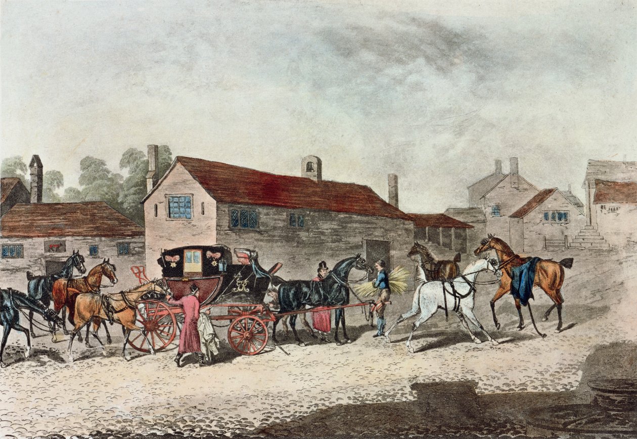 Posta Arabası Atları Değiştiren, R. Havell tarafından kazınmış, 1815 by James Pollard