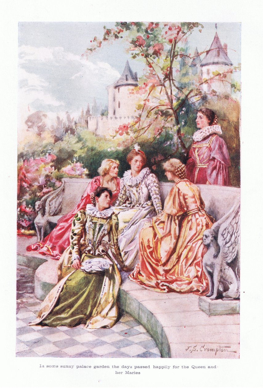 Güneşli bir saray bahçesinde günler, kraliçe ve yardımcıları için mutlu bir şekilde geçti. by James Shaw Crompton