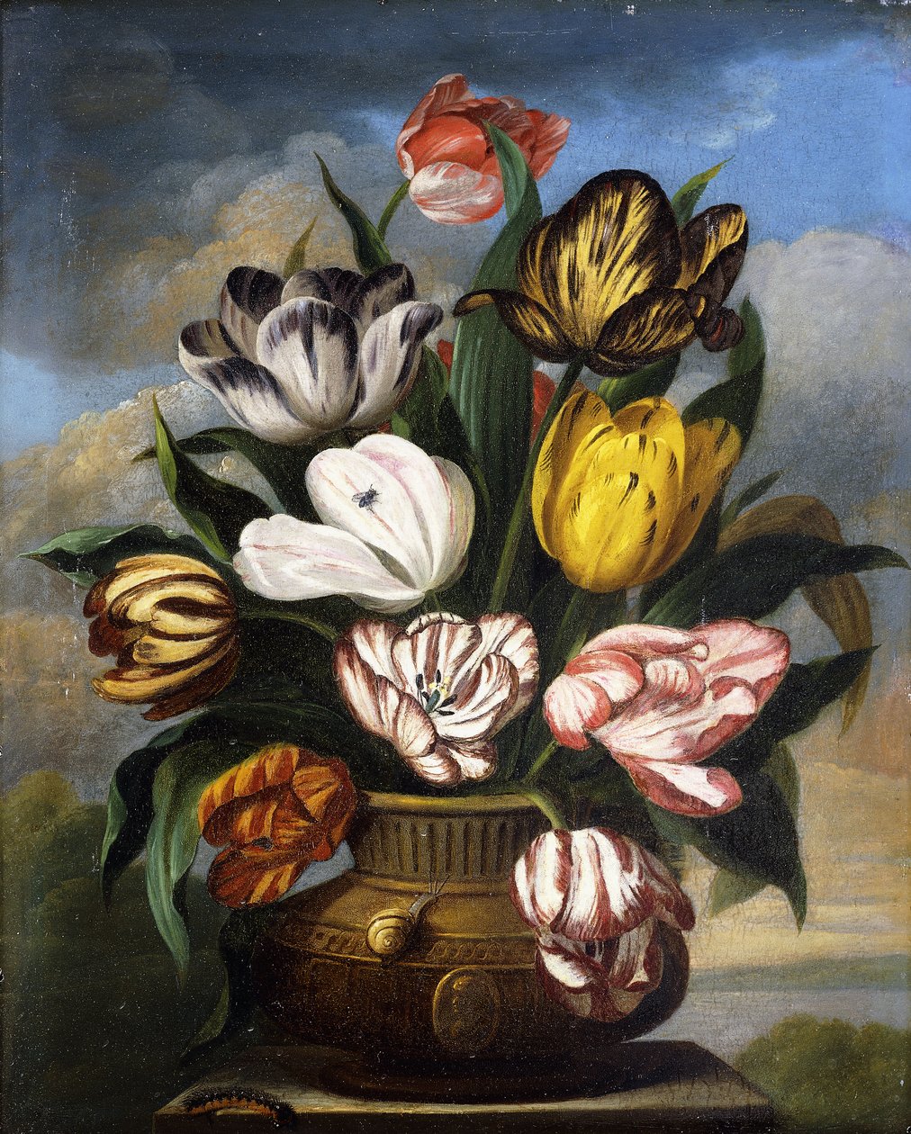 Vazoda Laleler, Tırtıl, Salyangoz ve Sinek, Manzarada Kaide Üzerinde, 1826 by James Sillett