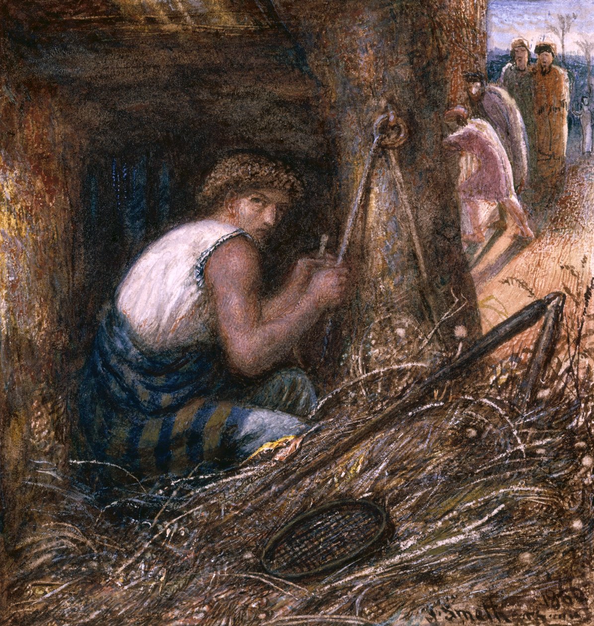 Saul Eşyaların Arasında Gizleniyor, 1866 (kağıt üzerinde wc, yağ ve arap zamkı) by James Smetham