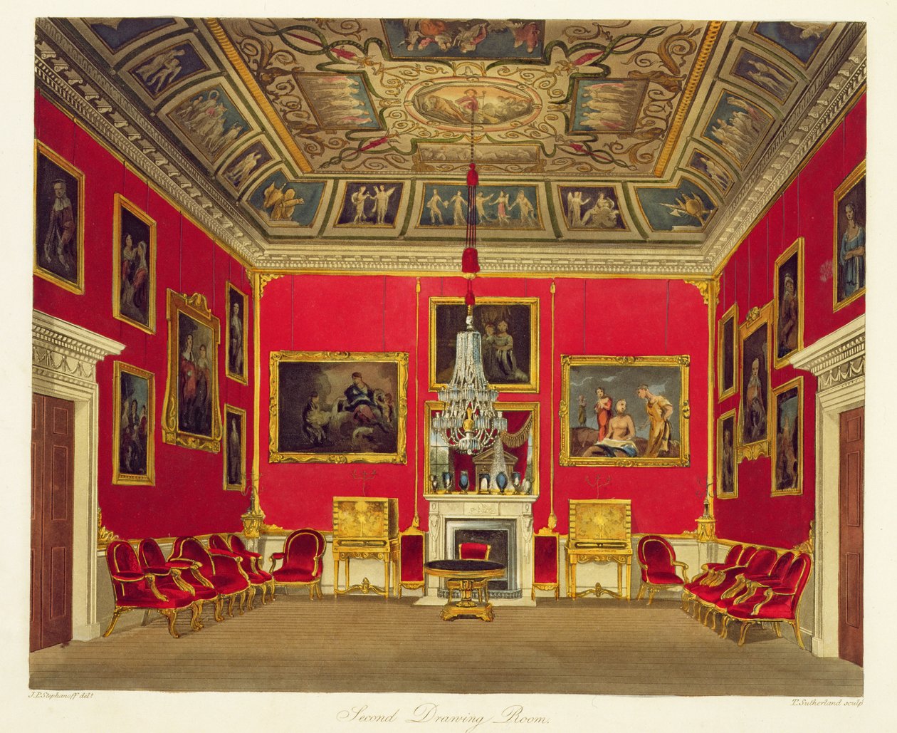 İkinci Çizim Odası, Buckingham House, Thomas Sutherland (d.1785), William Henry Pyne (1769-1843), 1818 tarafından oyulmuş 