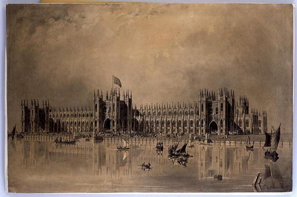 Sanatçının önerdiği yeni Parlamento Evlerinin perspektif çizimi by James Thomas Knowles
