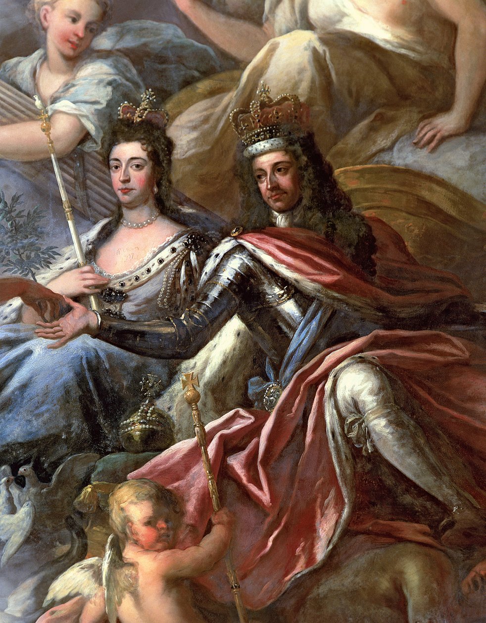 Ceiling of the Painted Hall, detail of King William III 1650-1702 and Queen Mary II 1662-94 Enthroned, 1707-14 see 208087 by James Thornhill