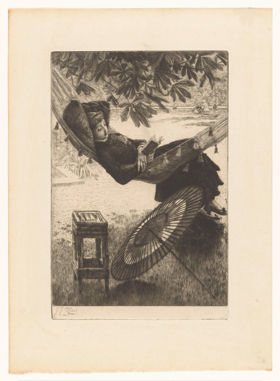 Genç kadın bir hamakta okuyor by James Tissot