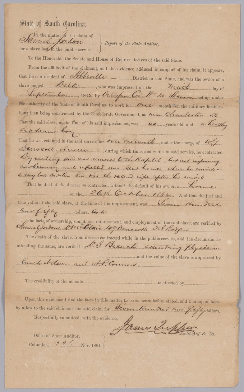 Güney Carolina Konfederasyon eyaleti tarafından köleleştirilmiş adam Dick için verilen hak talebi, 23 Kasım 1864. by James Tupper