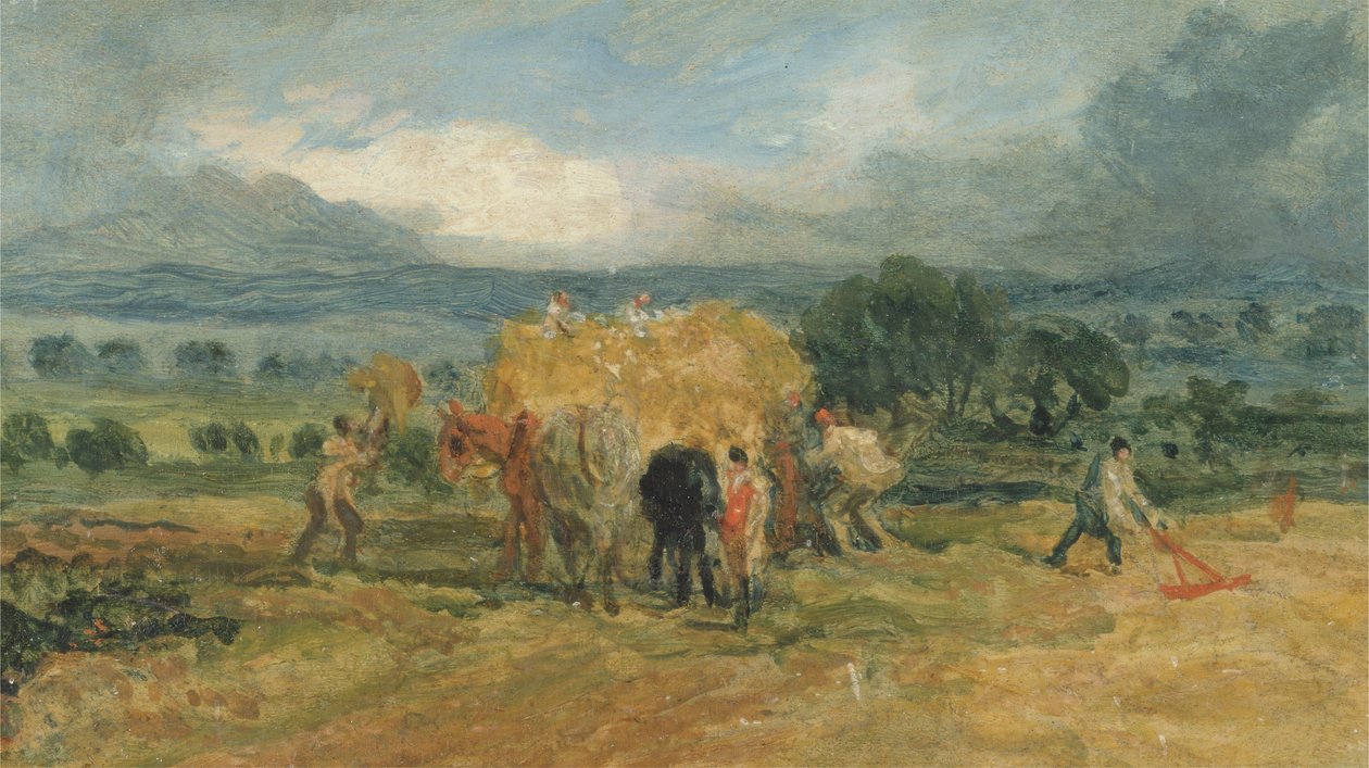 Bir Çiftlik Vagonuna Saman Yükleyen İşçilerle Bir Hasat Sahnesi (panelde yağ) by James Ward