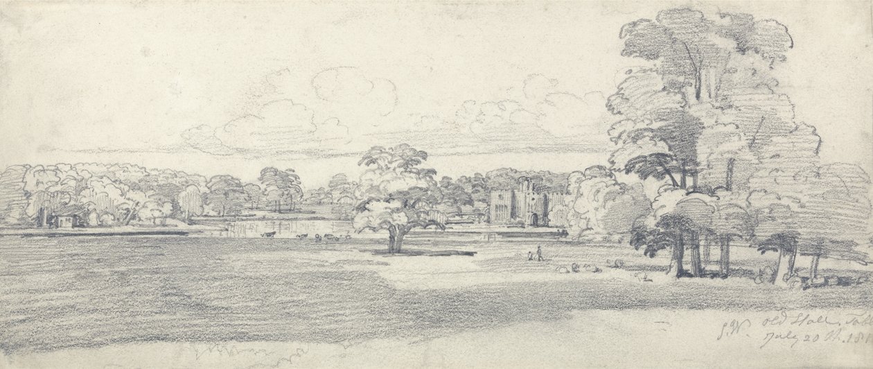 Eski Salon, Tabley, Parkland ile çevrili, 20 Temmuz 1814 (kağıt üzerine kurşun kalem) by James Ward