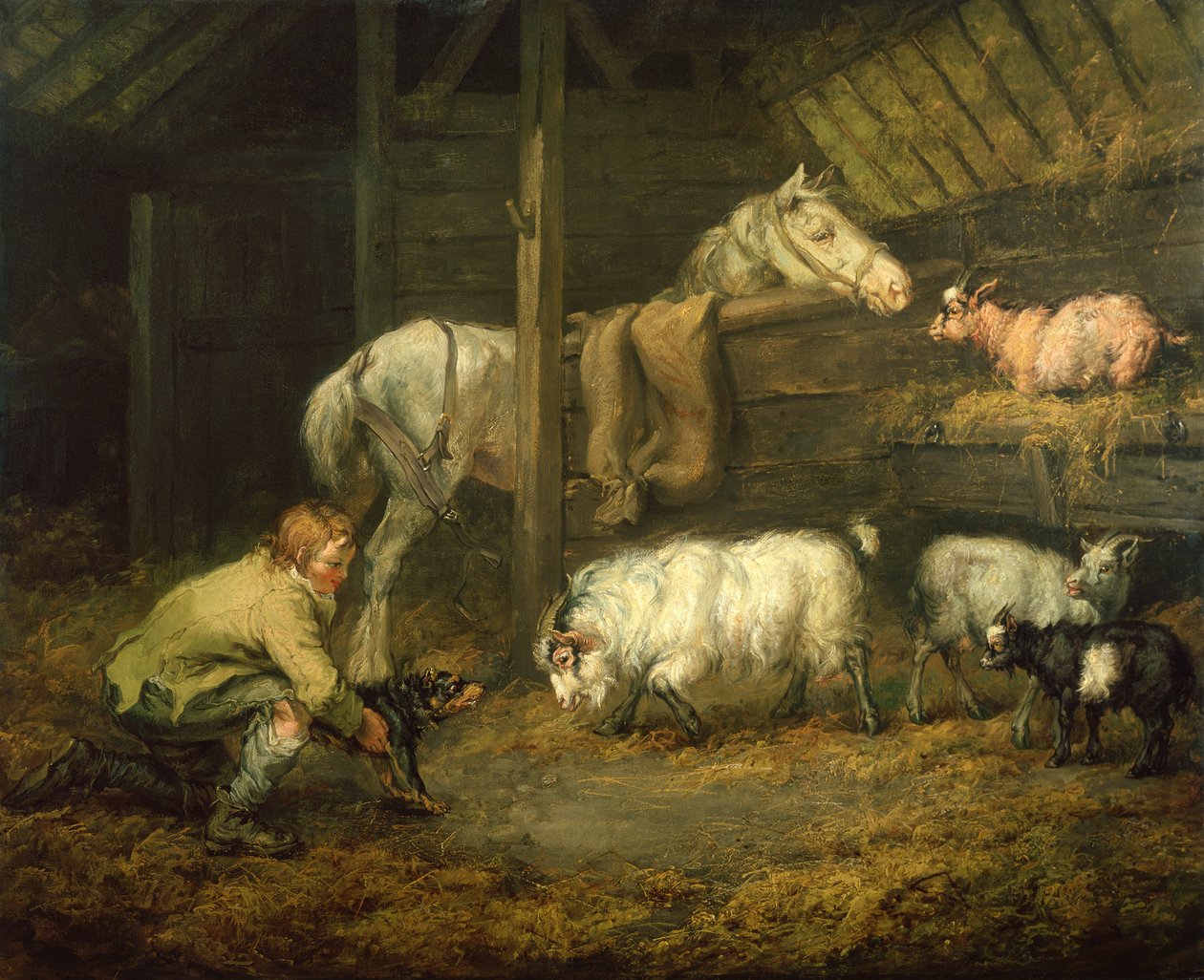 At ve Koyunlu Bir Ahırda Genç Oğlan ve Köpeği (tuval üzerine yağlı boya) by James Ward