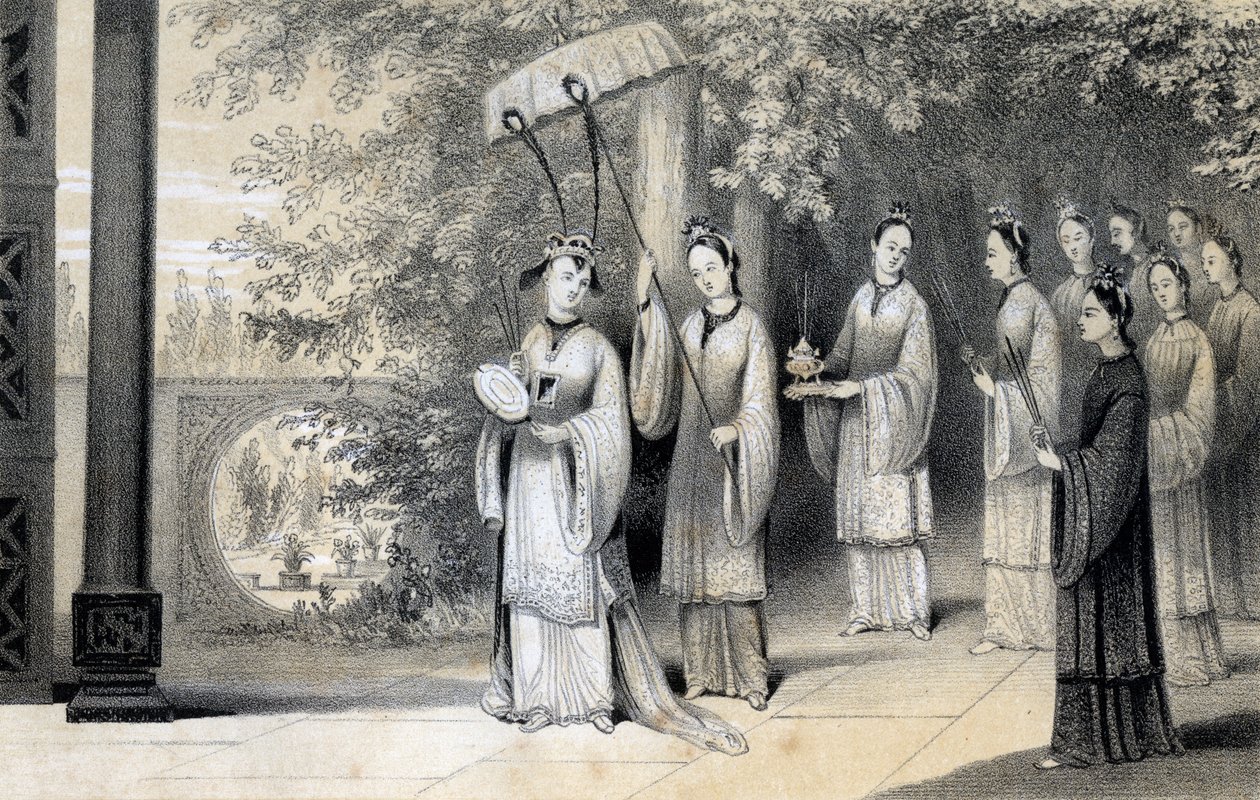 Dut bahçesinden tapınağa giden imparatoriçe ve hizmetçileri, 1847. by James William Giles
