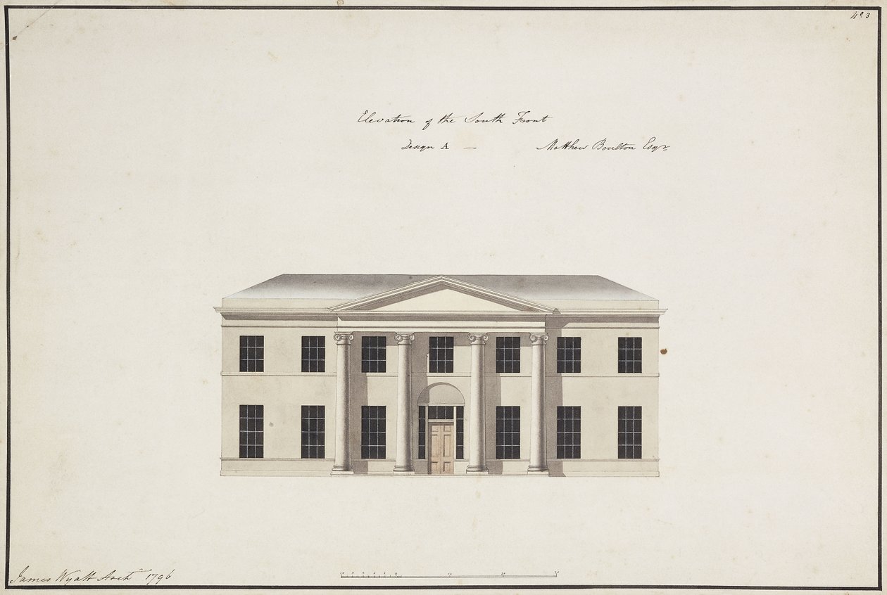 Soho Evi: Zemin Kat Planı; Yatak Odası Kat Planı; Güney Cephesinin Yükseltisi, Tasarım A, Güney Cephesinin Yükselişi, Tasarım B ve Kuzey Cephesinin Yükselişi, 1796 by James Wyatt