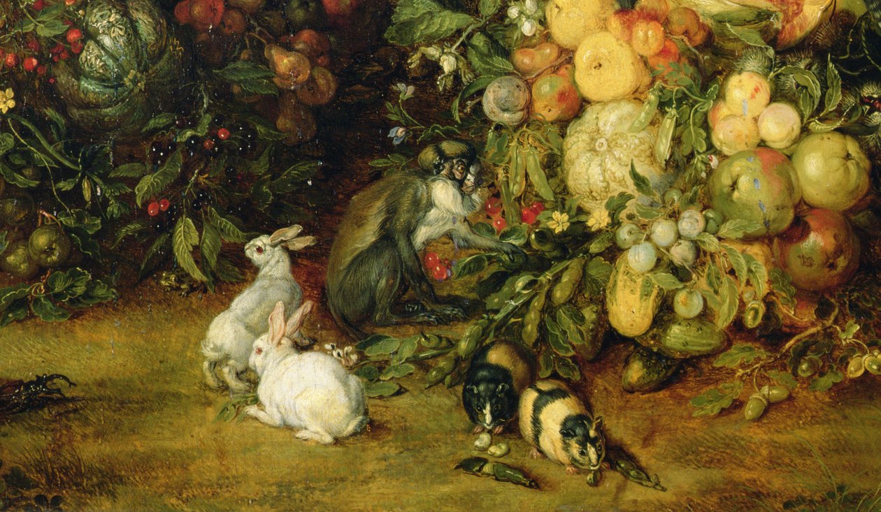 Bakire ve meyve ve çiçeklerden oluşan bir çelenk içindeki çocuk, hayvanların detayı, c.1614-18 (36912 detayı) by Jan and Rubens, P.P. Brueghel