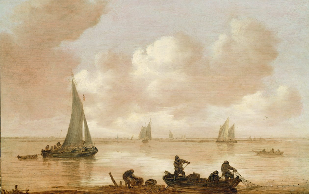 Balıkçıların ağlarını çektiği bir haliç (petrol) by Jan Josephsz van Goyen