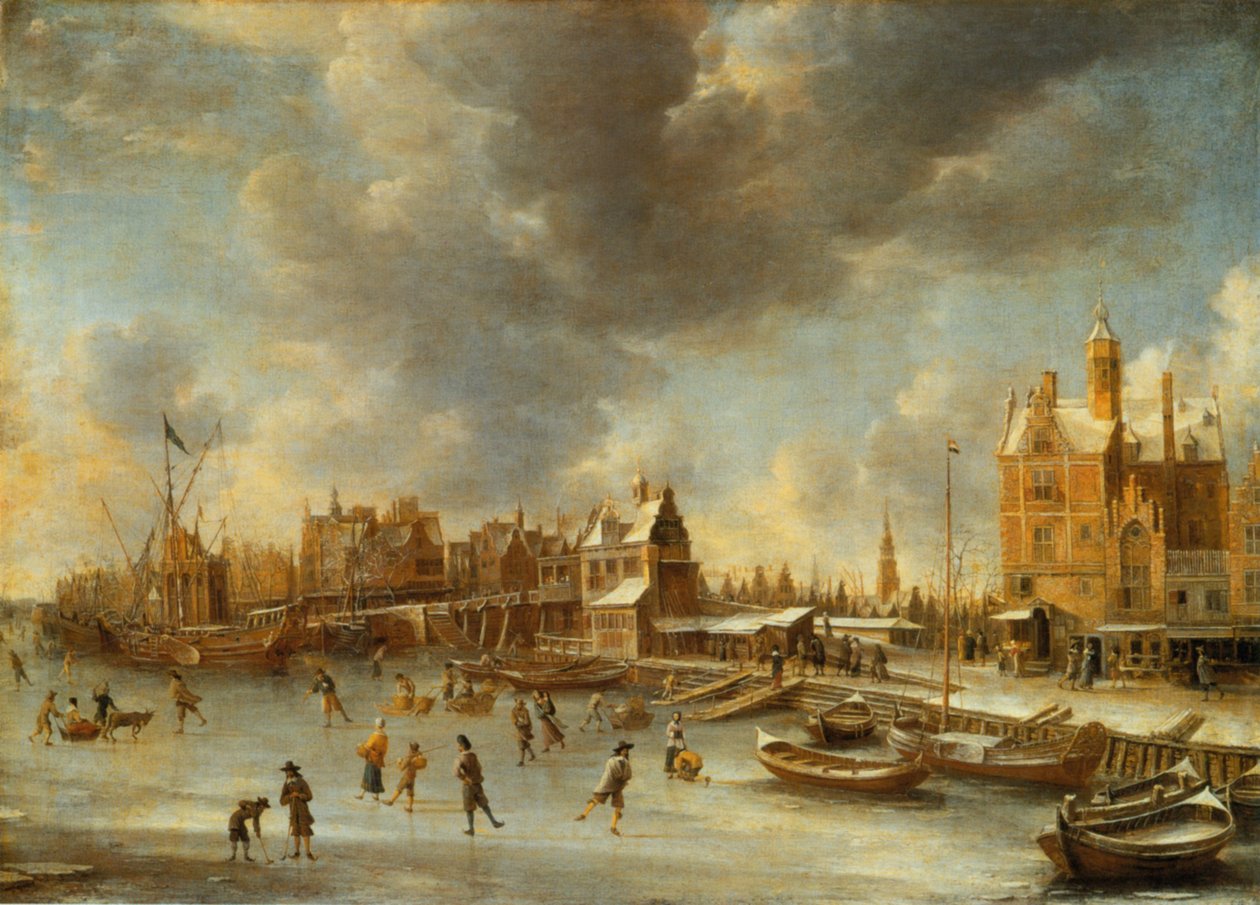 Paalhuis önünde Y üzerinde patenciler by Jan Abrahamsz. Beerstraten