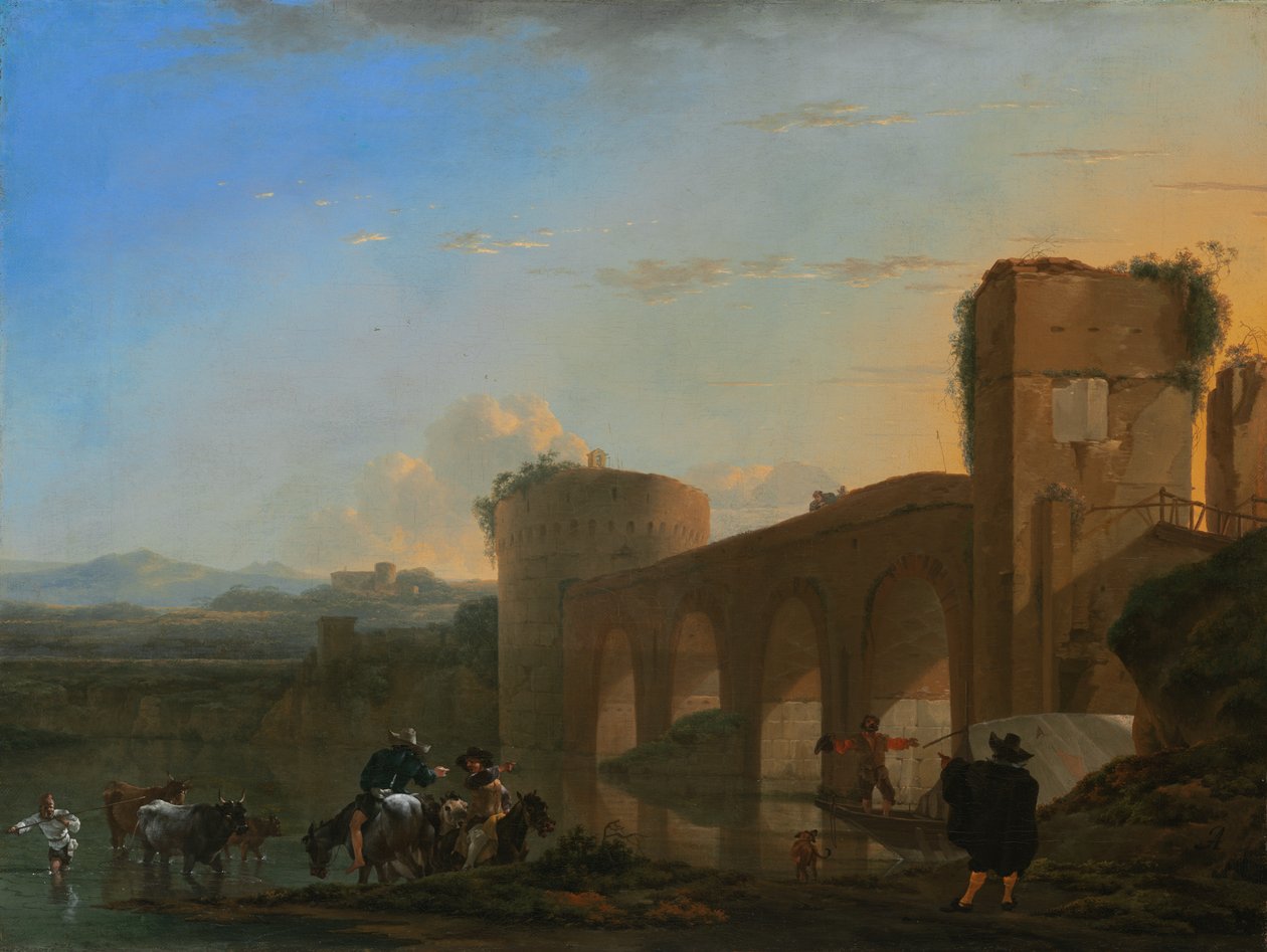 Gün batımında Ponte Molle ile Tiber Nehri by Jan Asselijn