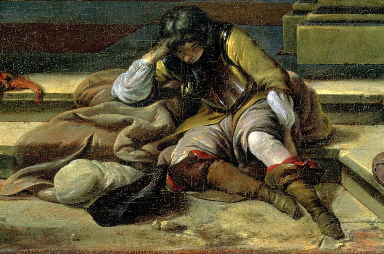 İtalyan Liman Sahnesi, uyuyan bir askerin detayı by Jan Baptist Weenix