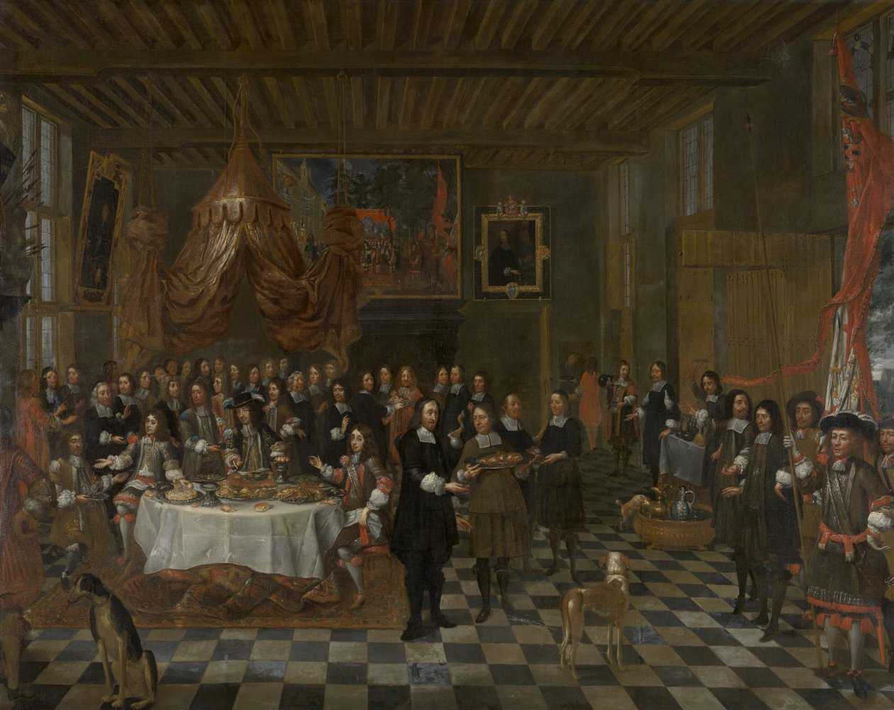 Brugge Saint Barbara Loncası, İngiliz Kralı II. Charles ve iki erkek kardeşine lonca odasında bir ziyafet sunuyor. by Jan Baptist van Meunincxhove