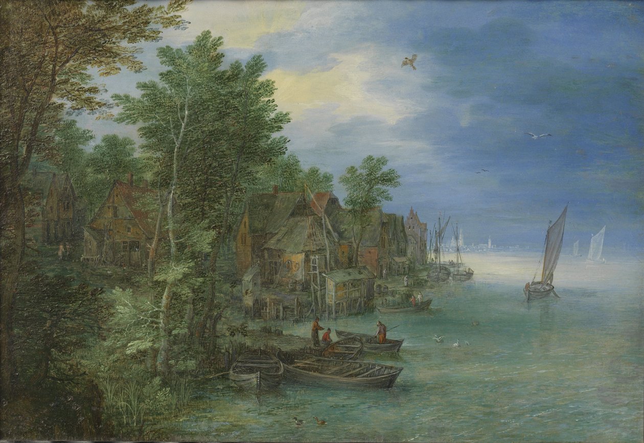 Nehir kenarında bir köy manzarası by Jan the Elder Brueghel