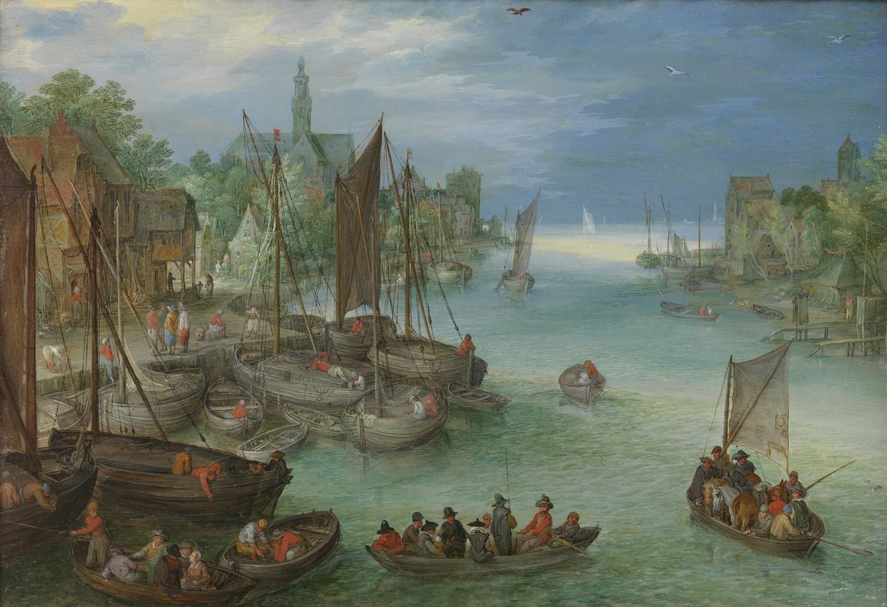 Bir nehir üzerinde bir şehrin görünümü by Jan the Elder Brueghel