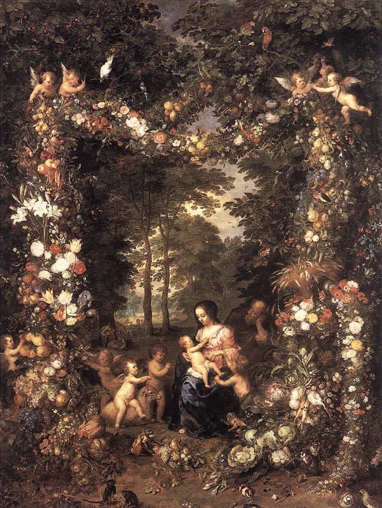 Çiçek ve meyve çelengi içinde Kutsal Aile by Jan the Elder Brueghel