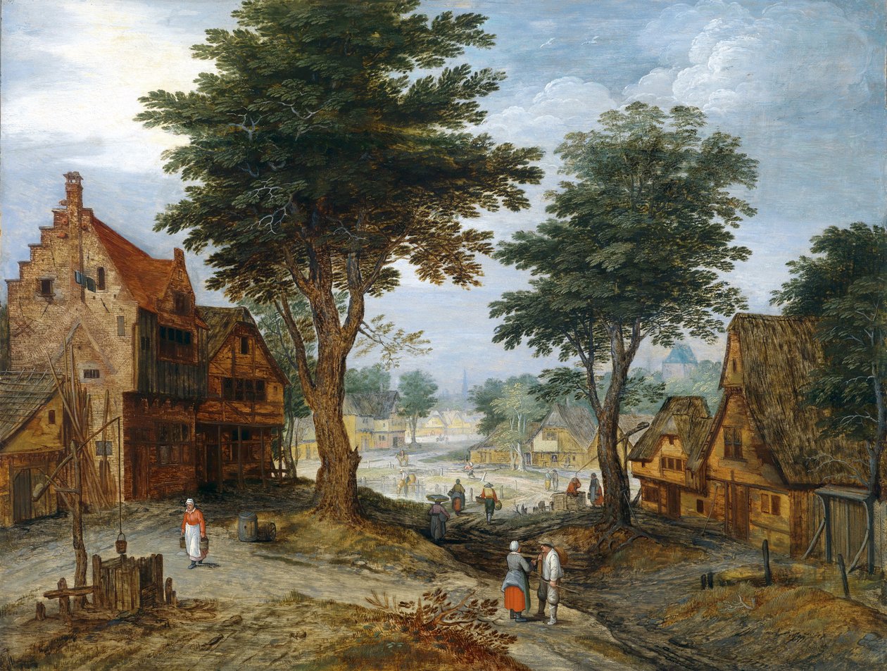 Ağaçlarla dolu hareketli köy manzarası by Jan Brueghel the Younger