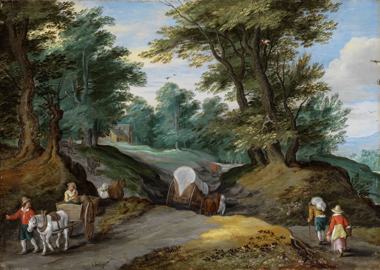 Wooded landscape with horses carts  and to the market attracting farmers by Jan Brueghel the Younger