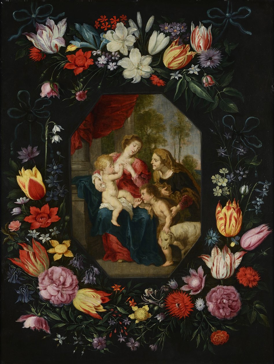 Aziz Elizabeth ve Vaftizci Yahya ile Bakire ve Çocuk Çiçeklerden Bir Çelenk İçinde by Jan Brueghel the Younger