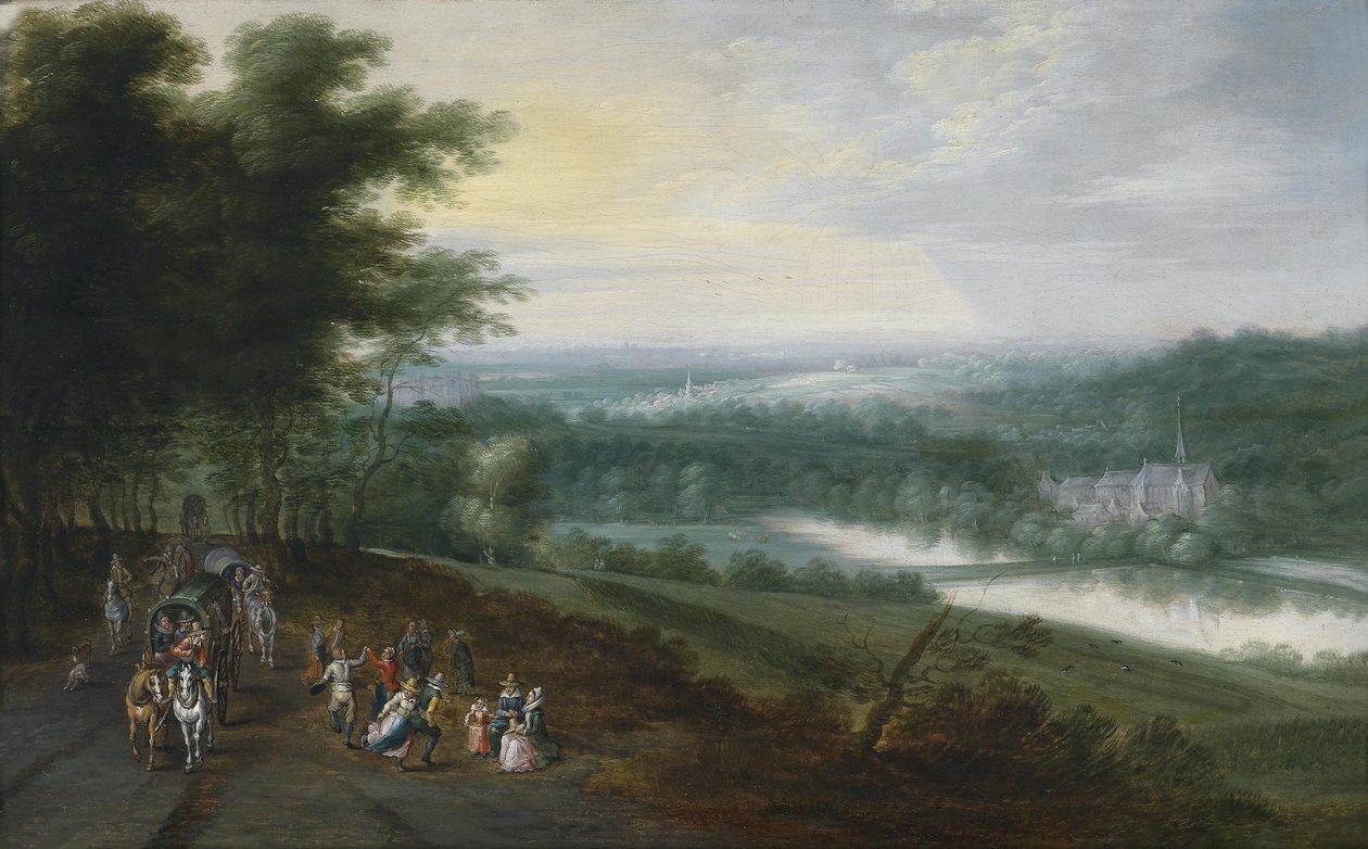 Gezginler ve bir yolda dans eden köylüler ile geniş nehir manzarası, arka planda bir manastır kompleksi by Jan Brueghel the Younger