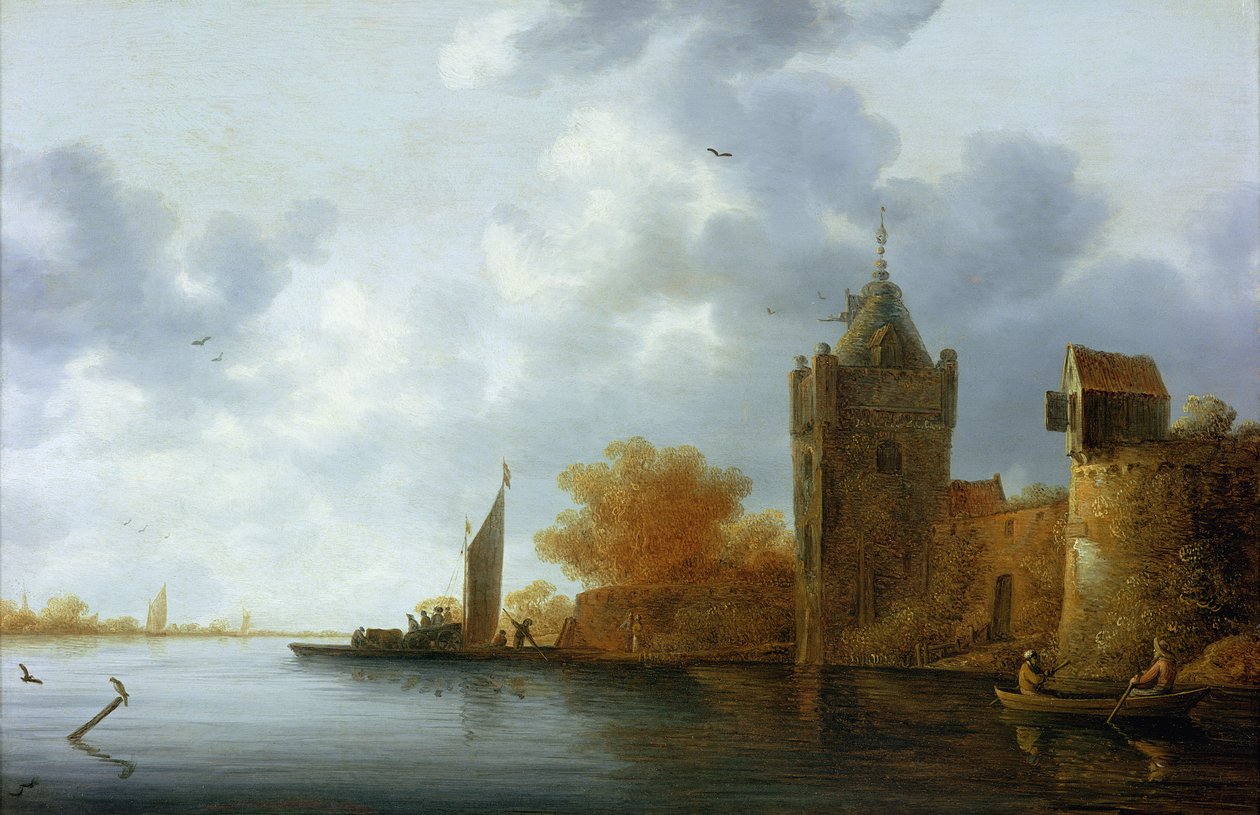 Bir kule ve müstahkem duvarlar ile nehir halici, gemiye binen feribot by Jan Coelenbier