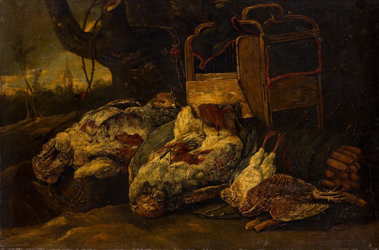 Ölü kuşlar, kafes ve ağ ile natürmort by Jan Fyt