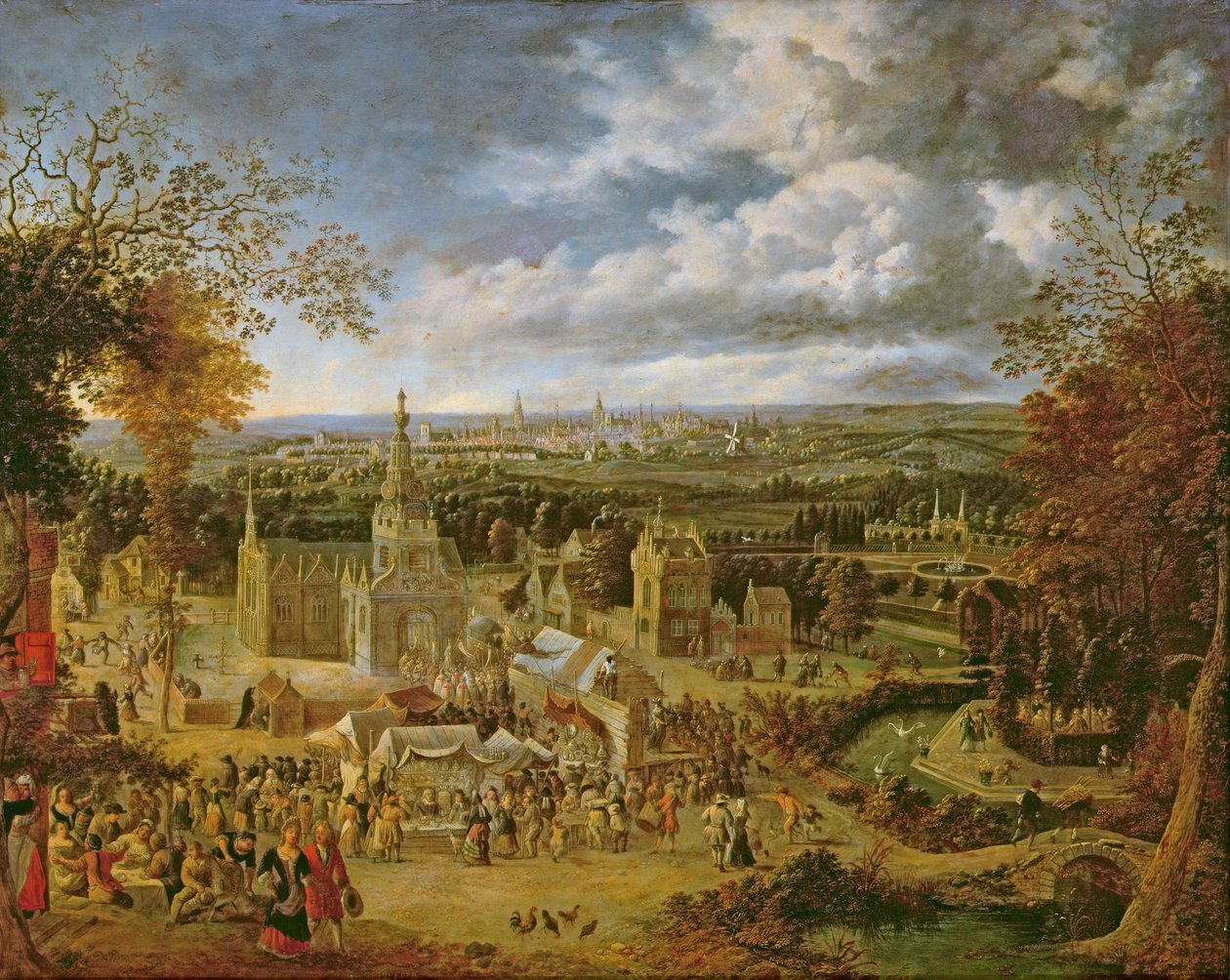 A Fete and View of a City (oil on copper) by Jan Griffier
