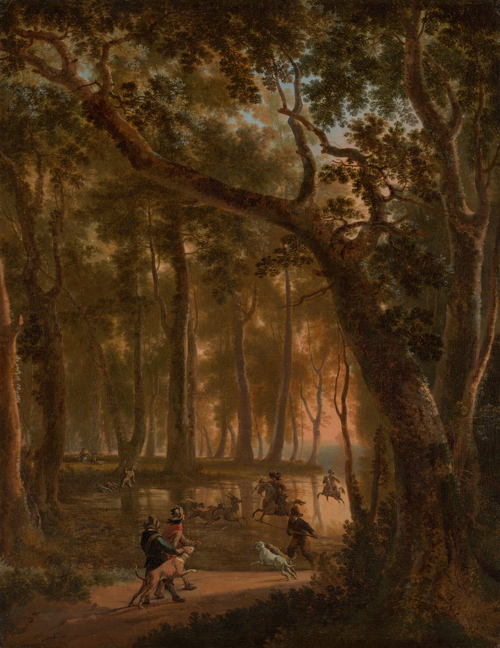 Bir ormanda geyik avı by Jan Hackaert