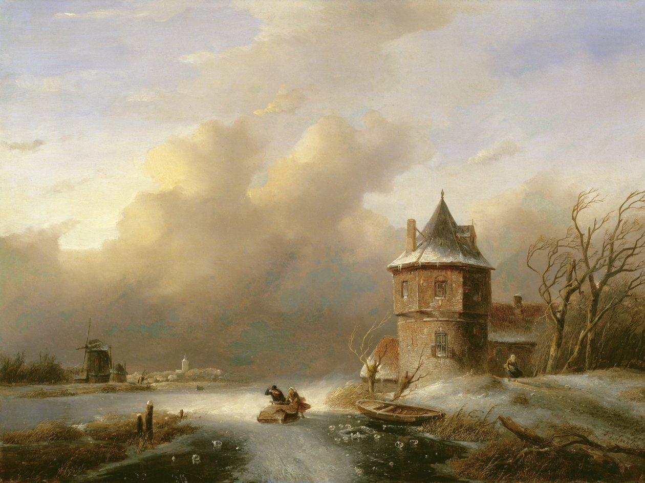 Rüzgarlı Havada Buzları Geçen Bir Çift by Jan Jacob Spohler