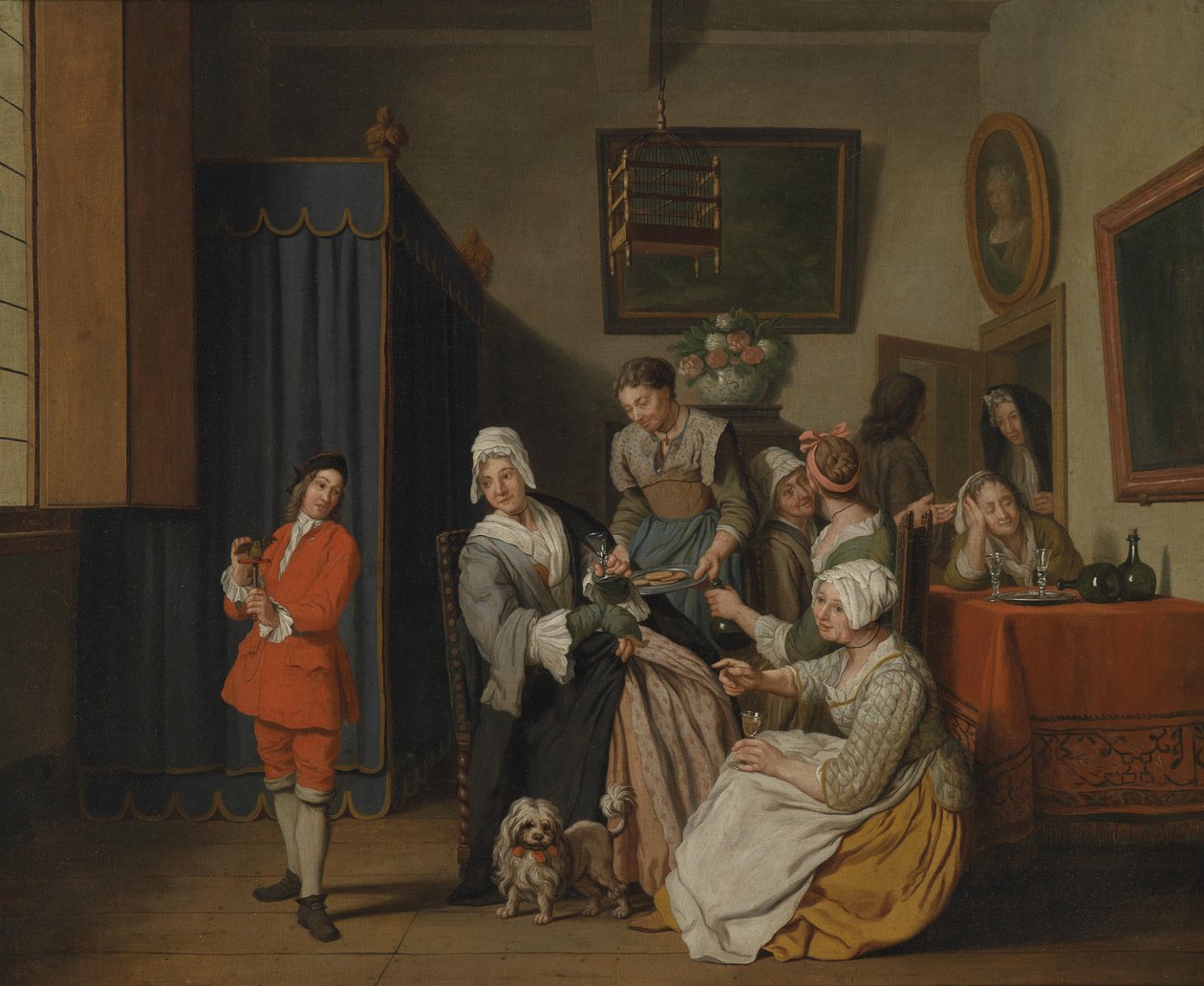 Burjuva iç mekanı, çok sayıda kadın ve kuşlu genç bir adam. by Jan Josef Horemans II