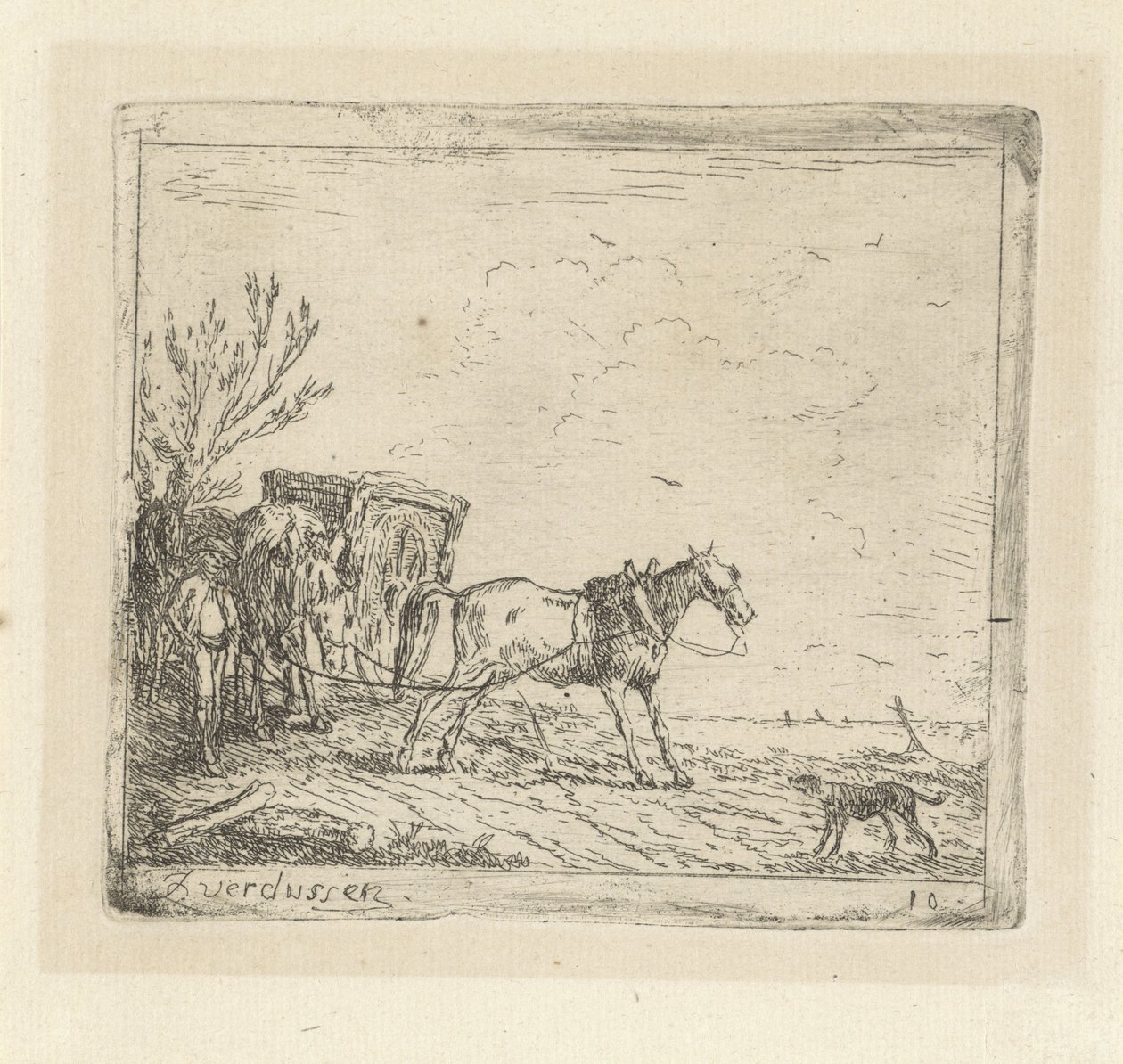 Cart with urinating horse in a landscape by Jan Peeter Verdussen