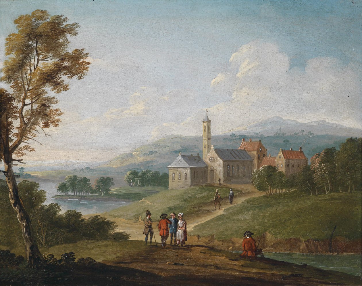Flusslandschaft mit einem Dorf und Wanderern by Jan Pieter van Bredael