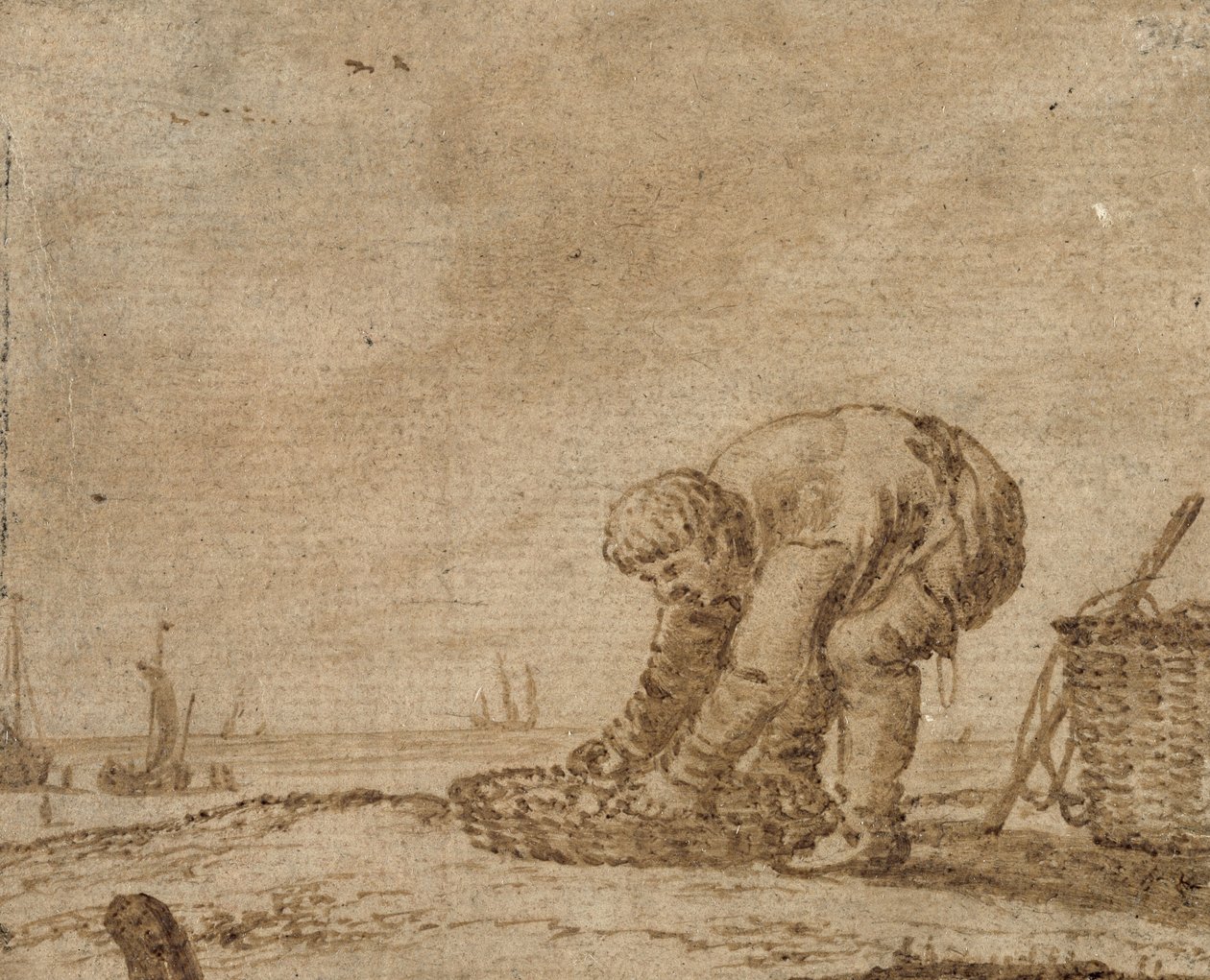 Deniz Kıyısında Balıkçı, 1623 (kağıt üzerine kalem ve mürekkep) by Jan Porcellis