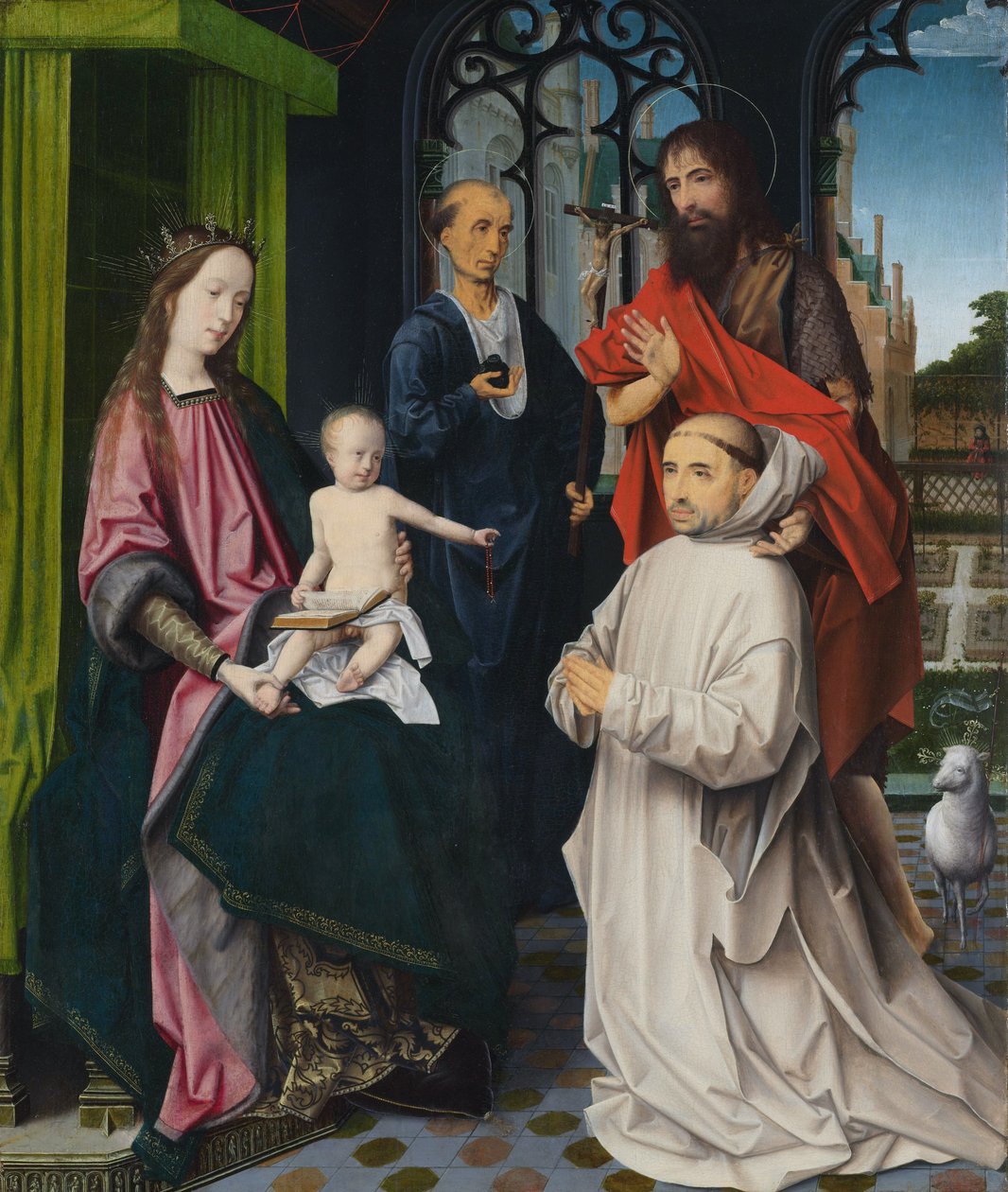 Bakire ve Çocuk, Sts Jerome ve Vaftizci Yahya ve diz çökmüş bir Carthusian keşiş ile tahta çıktı by Jan Provoost