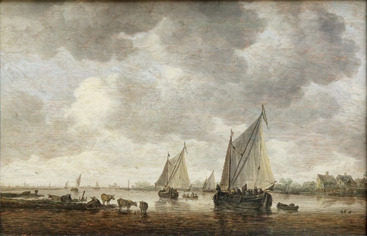 Bir nehir üzerinde iki büyük yelkenli tekne ve kıyıya yakın sığır by Jan Josephsz van Goyen