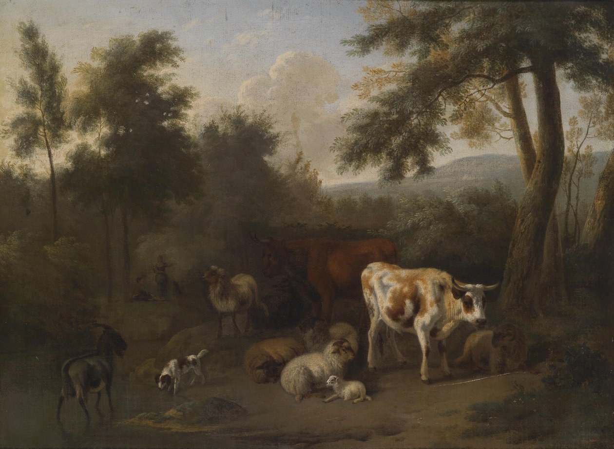 Bewaldete Landschaft mit lagerndem Vieh und Hirten by Jan Vermeer van Haarlem