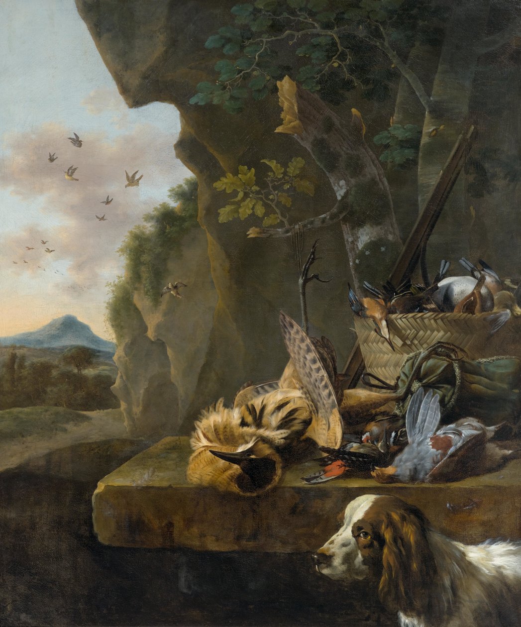 Manzarada bir balkabağı ve bir köpekle natürmort avlamak by Jan Baptist Weenix