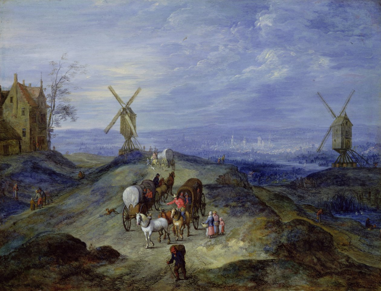 İki Yel Değirmenli Manzara, 1612 by Jan the Elder Brueghel
